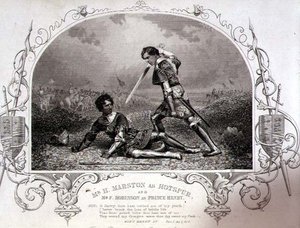 Mr. H. Marston as Hotspur and Mr. F. Robinson as Prince Henry, Act V Scene 4 from Henry IV (Part I) from a daguerrotype by Paine of Islington, pub. by John Tallis & Co. by English School