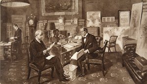 Mr. Winston Churchill in his room at the Admiralty, in consultation with Admiral of the Fleet Lord Fisher of Kilverstone, from The Illustrated London News, December 19, 1914