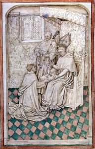 Thomas Bekynton, Bishop of Bath and Wells, receives Chaundler, from the Abingdon Missal, 1457-61 by English School