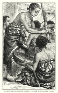Native Girls Pounding Millet on Board a Missionary Vessel by English School