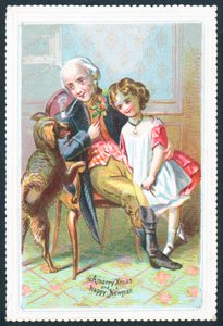 Old Gentleman Sitting in Chair with Girl and Dog by English School