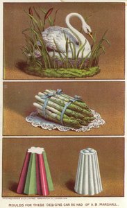 Ornamental moulds for creating iced foods in the shape of a swan and a bundle of asparagus by English School