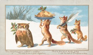 Owl and Foxes carrying Christmas Feast by English School