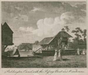 Paddington Canal, London, with the passage boat and warehouses by English School