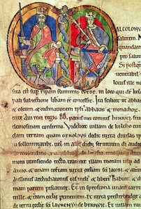 Page from the Charter of Kelso Abbey with an illuminated initial depicting King David I and his grandson Malcolm IV, 1159 by English School