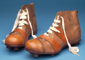 Pair of Cup Final special boots with wickerwork pattern stamped on the toes, c.1910