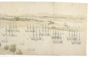 Panorama (Right Half) of Whampoa from Dane Island, with British and American Shipping in the Anchorage by English School
