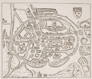 Panoramic view of Canterbury in the sixteenth century, illustration from The Church of England: A History for the People by H.D.M. Spence-Jones