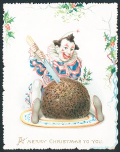 Pierrot cutting Plum Pudding, Christmas Card by English School