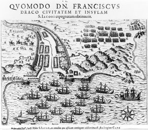 Plan Showing How Francis Drake Stormed and Held the Island of San Jacob by English School