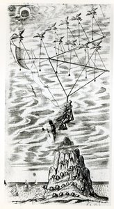 Plane, illustration from the frontispiece of The man in the moone or a discourse of a voyage thither by Domingo Gonsales, the speedy Messenger by Francis Godwin by English School