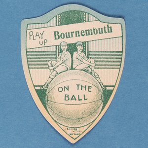 Play Up Bournemouth, Baines Card in the Shape of a Shield and Two Footballers Sitting on Top of a Large Football, 1888-89