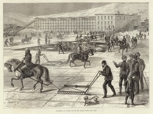 Ploughing and Storing Ice on the Hudson River by English School