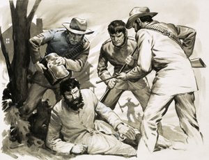Policemen wrench the helmet from the notorious Ned Kelly