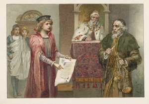 Portia, Shylock and the Judge in The Merchant of Venice by English School