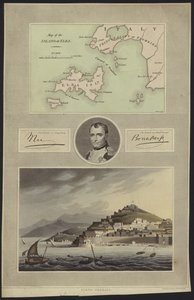 Portrait of Napoleon Bonaparte with a Map and a View of Elba by English School