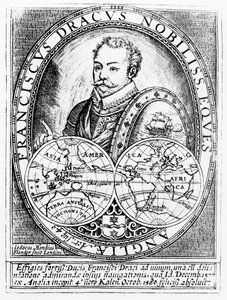 Portrait of Sir Francis Drake at the Age of 43, engraved by Jodocus Hondius by English School