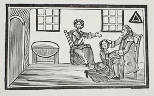 Pretty Bessie receiving her fathers blessing when going to seek her own livelihood (illustration)