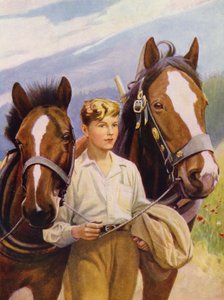 Pretty stable girl with short-cut hair leading two horses by English School