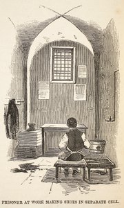 Prisoner at work making shoes in separate cell, illustration from The Criminal Prisons of London and Scenes from Prison Life by Henry Mayhew and John Binny, published 1862 by English School