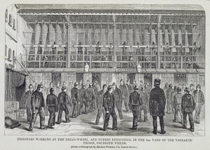 Prisoners Working at the Tread-Wheel and Others Exercising in the 3rd Yard of the Vagrants Prison, Coldbath Fields, from The Criminal Prisons of London and Scenes of Prison Life by Henry Mayhew and John Binny by English School