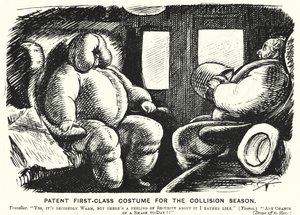 Punch cartoon: Patent First Class Costume for the Collision Season - safety on the railways by English School
