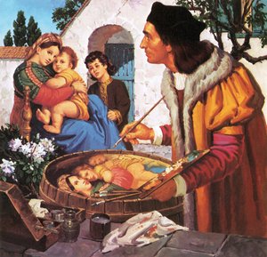 Raphael Painting Madonna and Child on the Top of a Wine Barrel by English School