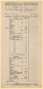 Receipt from J Lyons & Co Ltd, 6-8 St Johns Square, Clerkenwell, London EC by English School