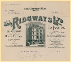 Receipt from Ridgways, tea importers, 182 Oxford Street, London by English School