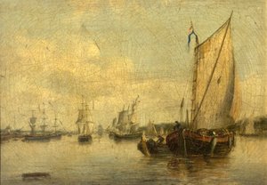 River Scene with Shipping by English School