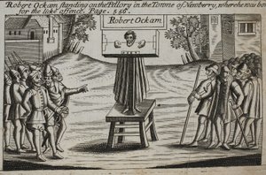 Robert Ockam standing on the pillory in the town of Newberry, where he was born, illustration from Acts and Monuments by John Foxe, ninth edition, published 1684 by English School