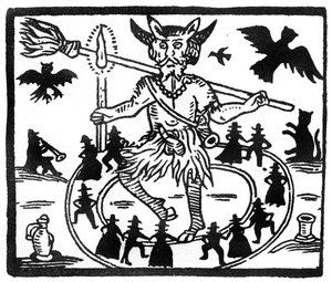Robin Goodfellow, represented as Priapus with goat horns, erect penis and surrounded by circle of dancing worshippers
