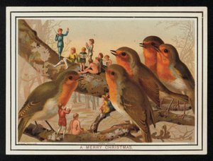 Robins and a Group of Performers, Christmas Greetings Card by English School