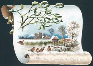 Robins Next to Riverbank, New Year Card by English School