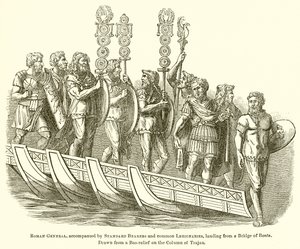 Roman General, accompanied by Standard Bearers and Common Legionaries, landing from a Bridge of Boats by English School