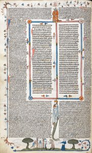 Text and bas-de-page scene of a man and a woman outside a building, from 