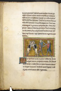Two knights fighting on foot with swords, while their horses are fighting each other on hind legs, from Bestiary, Lapidary by English School