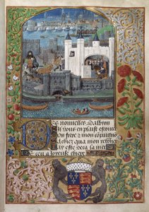 The Tower of London, with London Bridge behind. Charles, Duke of Orleans, seen writing, standing at a window and dispatching a letter in the courtyard