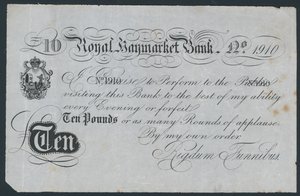 Royal Haymarket Bank, joke theatrical bank note by English School