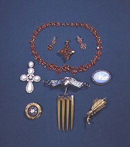 Ruby Necklace and Earring Set; Opal and Diamond Brooch; Pietra Dura Brooch; Hair Comb with Plique-a-jour Enamel