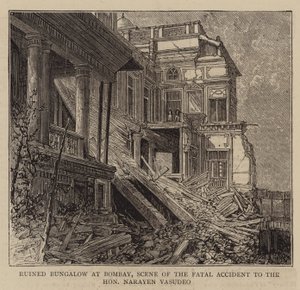 Ruined Bungalow at Bombay, Scene of the Fatal Accident to the Honourable Narayen Vasudeo (engraving) by English School