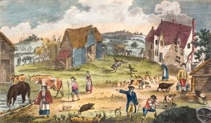 Rustic farmyard scene by English School