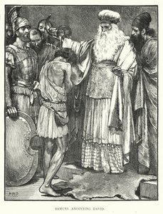 Samuel anointing David (engraving) by English School