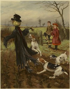 Scarecrow Being Attacked by a Pack of Dogs as a Boy and Girl Watch by English School