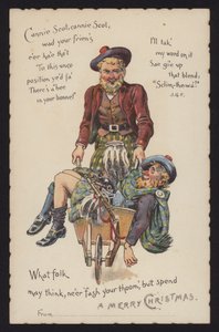 Scotsman taking his drunken friend home in a wheelbarrow by English School