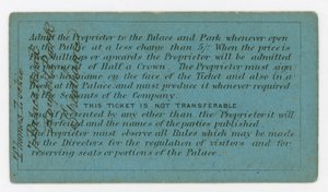 Season Ticket for Admission to the Crystal Palace, 1861-62, Reverse, Showing Rules by English School