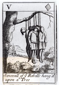 Several Rebels Hanged from a Tree, Five of Hearts Playing Card from a Set Commemorating Monmouth