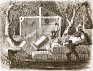 Shooting Cottin-bales into the fore part of the river-steamer Magnolia, illustration from The Illustrated London News, 1861 by English School