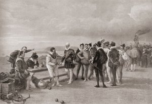 Sir Francis Drake playing bowls, with the Spanish Armada in sight at Plymouth Hoe, England in 1588 by English School