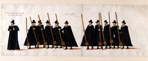 Sir Walter Raleigh, Captain of the Guard, and the Guard. Part of the funeral procession of Queen Elizabeth I to Westminster Abbey, 28 April 1603 by English School